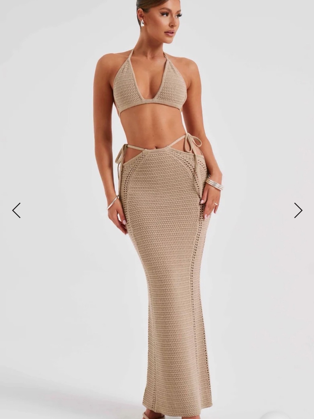 Beige Crochet Maxi Skirt Bralette Set